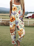 Women's Lovely Chicken Floral Art Print Casual Wide Leg Jumpsuit