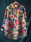 Women's Flower Print Casual Cotton And Linen Shirt