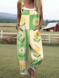 Women's Beautiful Chrysanthemum Plaid Painting Art Print Casual Wide Leg Jumpsuit