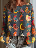 Women's Funny Chicken Art Print Casual Pullover Sweater