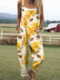 Women's Lovely Bees Floral Art Print Casual Wide Leg Jumpsuit