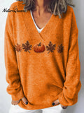 Women's Pumpkin Maple Leaf Print Sweater