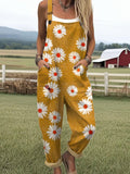 Women's Vintage Flower Bee Art Print Casual Wide Leg Jumpsuit