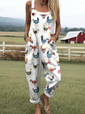 Women's Funny Farm Chicken Pattern Casual Cotton Linen Wide Leg Jumpsuit