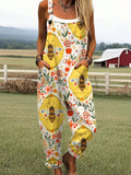 Women's Vintage Bee Flower Art Print Casual Wide Leg Jumpsuit