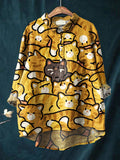 Women's Cute Yellow Cat Print Casual Cotton And Linen Shirt
