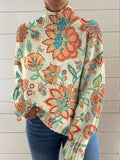 Women's Vintage Ethnic Art Flower Print Knit Turtleneck Pullover Sweater