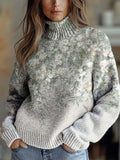 Women's Vintage Art Flower Print Knit Turtleneck Pullover Sweater