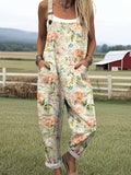 Women's Vintage Floral Art Print Casual Wide Leg Jumpsuit