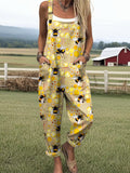 Women's Vintage Busy Bee Print Casual Cotton Wide Leg Jumpsuit