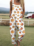 Women's Lovely Pumpkin Art Print Casual Cotton Wide Leg Jumpsuit