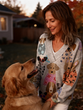 Multi-colored Cartoon Dog Print Knit V-neck Pullover Sweater
