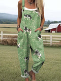 Women's Lovely Cow Art Print Casual Wide Leg Jumpsuit