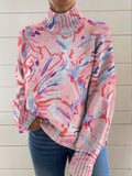 Women's Art Abstract Flower Print Knit Turtleneck Pullover Sweater