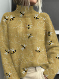 Funny Bee Art Print Knit Turtleneck Pullover Sweater
