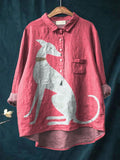 There Is A Decorative Pattern of A White Greyhound Sitting On The Pink Background Casual Cotton And Linen Shirt
