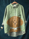 Brown Teddy Dog decorative Pattern Casual Cotton And Linen Shirt
