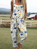 Women's Vintage Floral Art Print Casual Wide Leg Jumpsuit