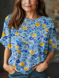 Women's Vintage Floral Art Print Casual Crew Neck Short Sleeve Knitted Sweater