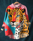 Vintage Art Leopard Art Cotton and Linen Casual Shirt