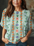 Women's Vintage Floral Art Print Casual Crew Neck Short Sleeve Knitted Sweater
