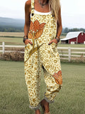 Women's Vintage Floral Art Print Casual Wide Leg Jumpsuit