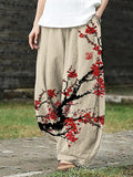 Plum Blossom Japanese Brush Art Linen Blend Wide Leg Pants