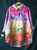 Women's Watercolor Flowers Floral Art Print Casual Cotton And Linen Shirt