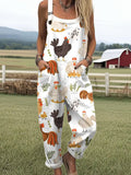 Women's Farm Chicken Art Print Casual Wide Leg Jumpsuit