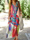 Women's Elegant Art Abstract Pattern Loose Cotton and Linen Tank Dress