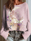 Women's Lovely Floral Moon Pattern Art Print Casual Pullover Sweater