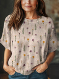 Women's Vintage Floral Art Print Casual Crew Neck Short Sleeve Knitted Sweater