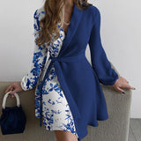 Womens Unique Long Sleeve Shirt Printed Adjustable  Wrap  Dress with Belt