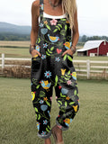 Women's Vintage Birds Flowers Art Print Casual Wide Leg Jumpsuit