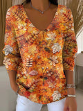 Women's Autumn Leaves Casual Print V-neck Long Sleeve Pullover Sweater