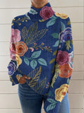 Vintage Vintage Art Flower Print Knit Turtleneck Pullover Sweater