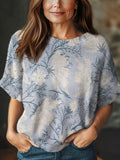 Women's Vintage Floral Art Print Casual Crew Neck Short Sleeve Knitted Sweater