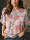 Women's Vintage Floral Art Print Casual Crew Neck Short Sleeve Knitted Sweater