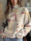 Women's Vintage Ethnic Art Flower Print Knit Turtleneck Pullover Sweater