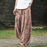 Women's Japanese Art Floral Pocket Loose Casual Pants