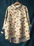 Vintage Lovely Strawberry Art Print Casual Cotton And Linen Shirt