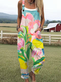 Women's Vintage Flower Art Print Casual Wide Leg Jumpsuit