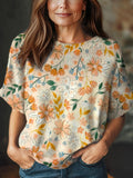 Women's Vintage Floral Art Print Casual Crew Neck Short Sleeve Knitted Sweater