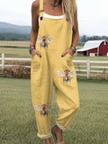 Women's Funny Farm Bee Art Print Casual Cotton Wide Leg Jumpsuit