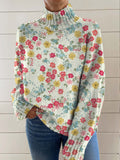Women's Vintage Art Flower Print Knit Turtleneck Pullover Sweater