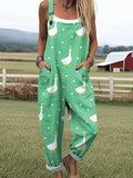 Women's Green Art Goose Print Casual Wide Leg Jumpsuit