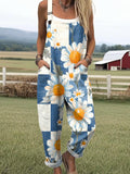 Women's Lovely Sunflowers Pattern Art Print Casual Cotton Wide Leg Jumpsuit