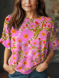 Women's Vintage Floral Art Print Casual Crew Neck Short Sleeve Knitted Sweater