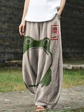 Casual Cute Frog Japanese Lino Art Painting Print Loose Pants
