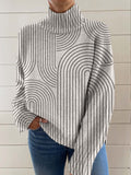 Women's Abstract Art Lines Print Knit Turtleneck Pullover Sweater